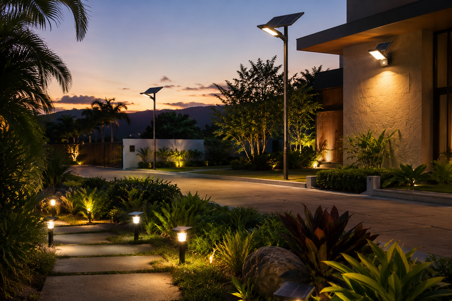 Iluminación solar para jardín, calles y exteriores en un proyecto moderno.