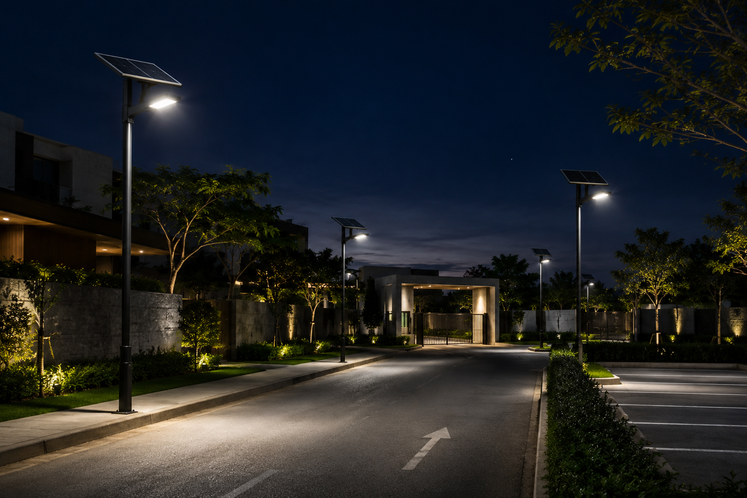 Postes y lámparas solares para calles, accesos y parqueos.