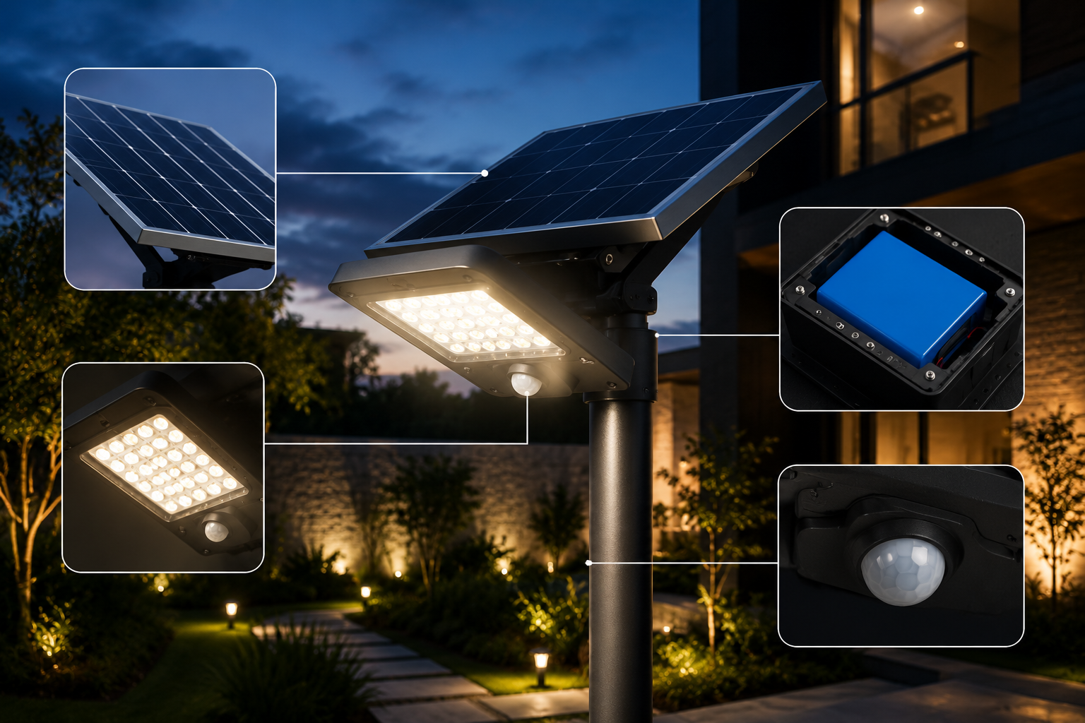 Componentes de una luminaria solar LED para exteriores.